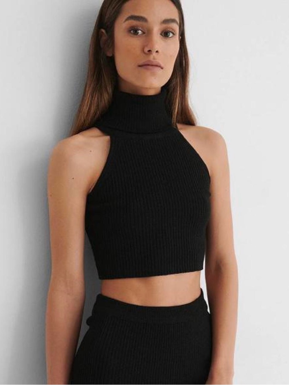 Babaton Sculpt Knit Ribbed Halter Crop Top S Black Mock Neck NWOT